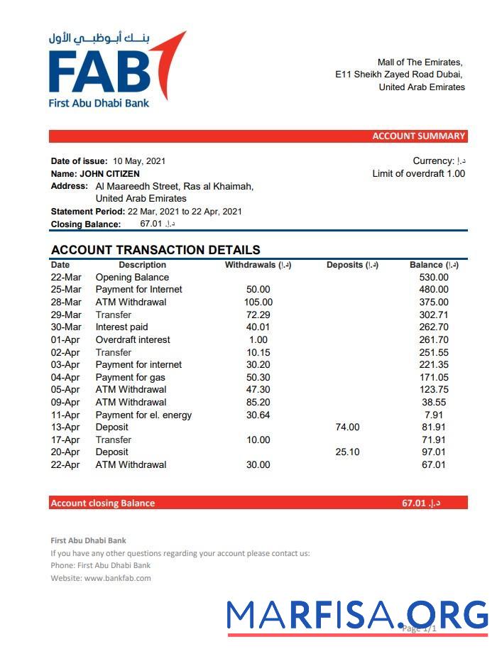 Printable UAE First Abu Dhabi bank statement excel download for verification